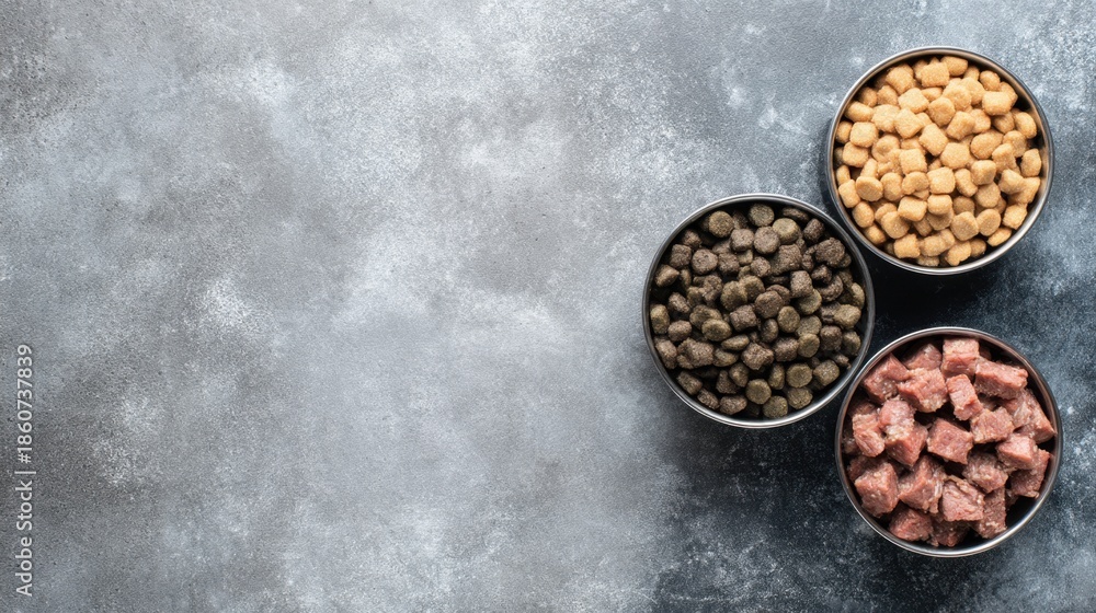Fototapeta premium Three bowls contain various types of pet food on a gray surface. One bowl has dry kibble one has small crunchy pieces and one has wet food. This scene is simple and clean.