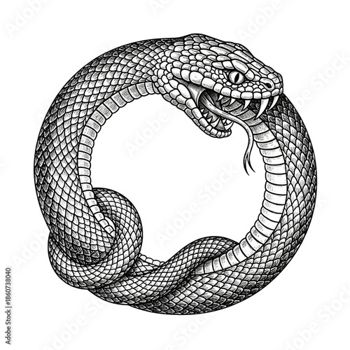 highly detailed black and white vintage engraving of the mythical ouroboros serpent forming a perfect circle, consuming its tail, isolated on a transparent background. concept of eternity and rebirth