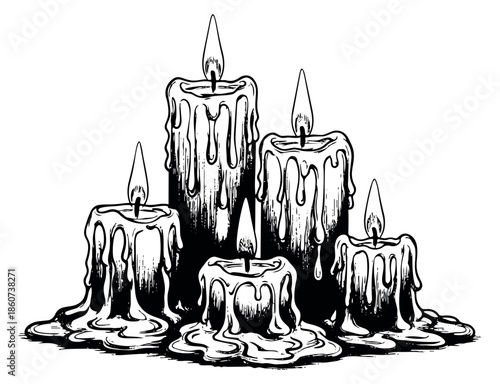 Hand drawn line art candle set featuring melting wax and lit flames for Halloween designs