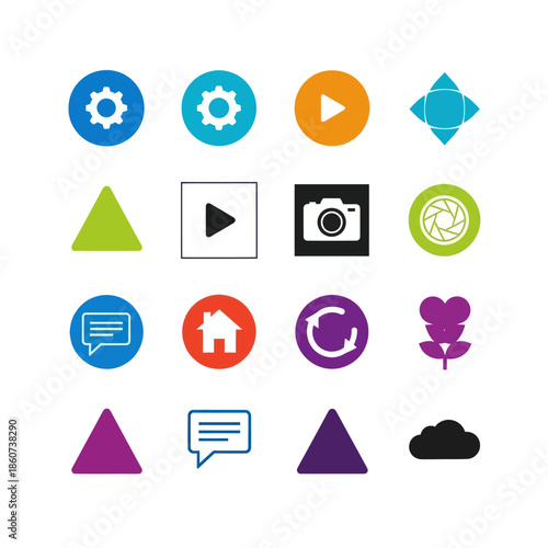 Colorful icons representing various functions and actions on a white background.