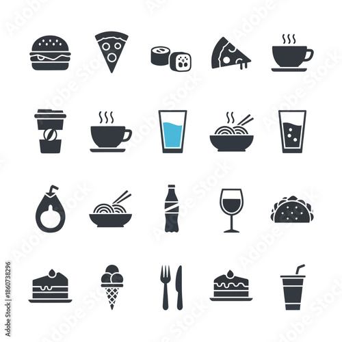 Collection of various food and drink icons in a grid layout.