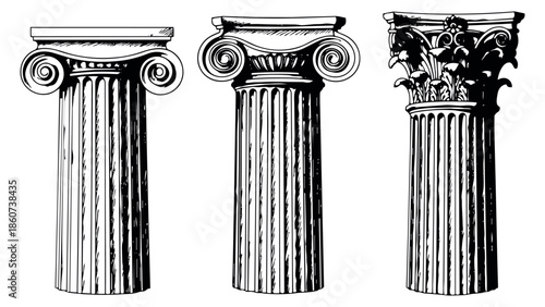 Hand drawn line art classical column set featuring doric, ionic, and corinthian columns for architectural and historical design