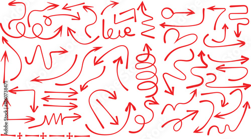 Collection of numerous hand drawn red sketchy arrows pointing in various directions for design elements.