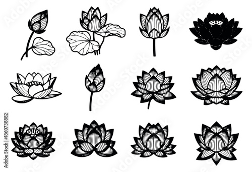Hand drawn line art lotus flower set featuring different stages of bloom and buds for botanical and spiritual designs