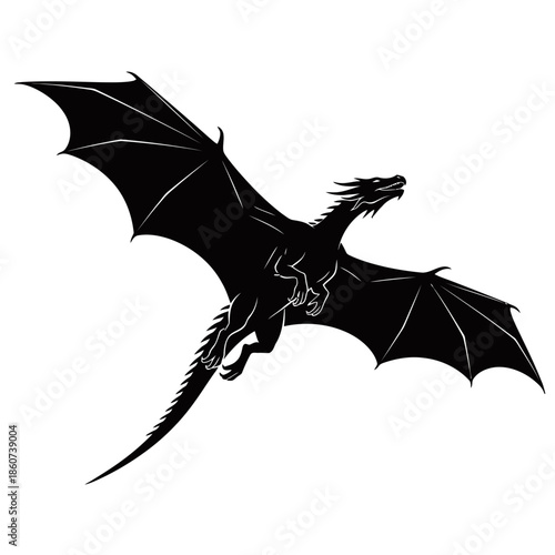 A striking black silhouette of a dragon in mid-flight, with its wings spread wide against a white background.