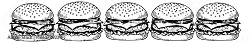 Hand drawn line art burger set featuring classic fast food items for menu design