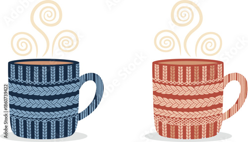 Two knitted mugs with steam rising sweaters hot drink