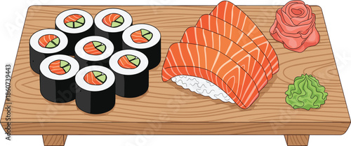 Sushi rolls and salmon sashimi on wooden board with wasabi and pickled ginger