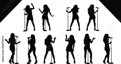 Silhouettes of women singing with microphones music