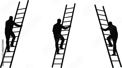 Silhouettes of men climbing ladders in different positions black