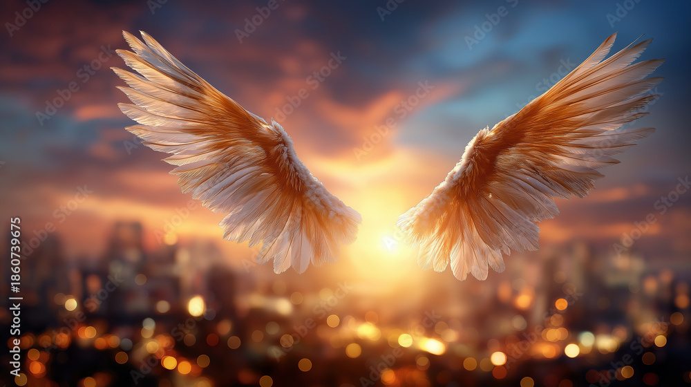 Obraz premium Wings of ambition soaring against golden horizons at dusk, metaphorical imagery, sunset backdrop, inspirational concept, defocused sky, with copy space