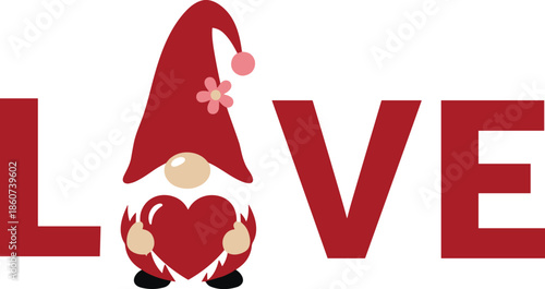 Red gnome holding heart standing between L O V E letters love Valentine's Day