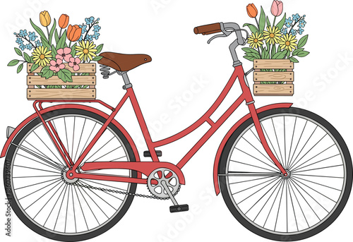 Red bicycle with wooden baskets full of colorful flowers tulips daisies