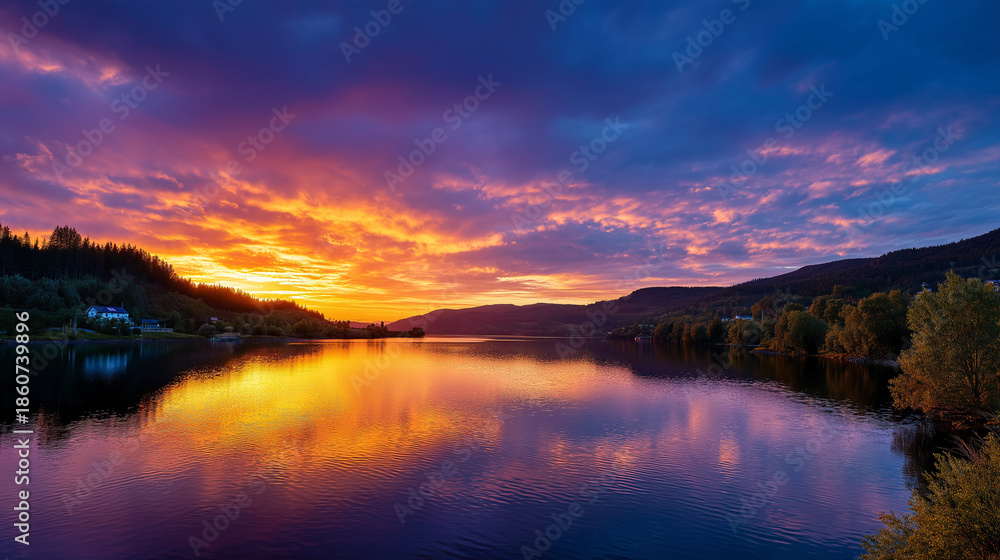 Obraz premium Majestic twilight over serene river reflecting vibrant skies, landscape photography, evening scene, natural beauty, defocused water, with copy space