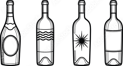 Four wine bottles with different bottle black and white glass bottles beverage