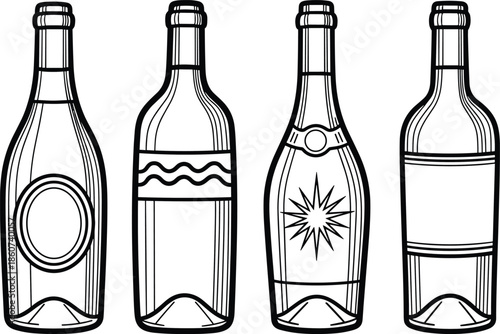 Four wine bottles with different labels bottle clear bottles wine four bottles black and white