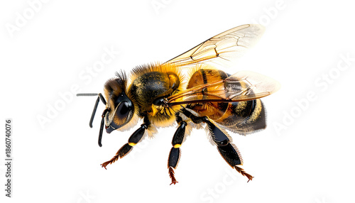 A close-up side view of a bee with translucent wings against a stark black background