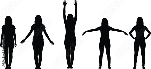 Five black silhouettes of women in different poses on white background
