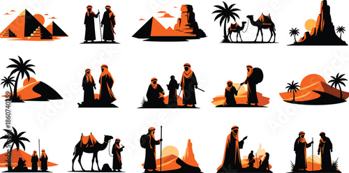 Desert landscape silhouettes with people and animals pyramids palm trees camels