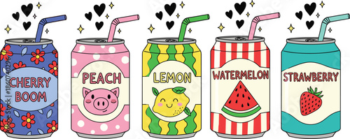 Colorful soda cans with straws and hearts cherry peach