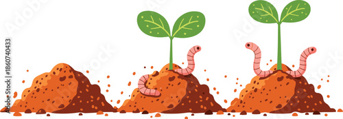 Cartoon of worms and seedlings growing in soil mounds dirt