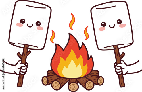 Cartoon marshmallows on sticks by campfire flames