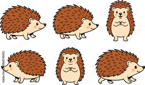 Cartoon brown hedgehogs in various poses and angles cute animals