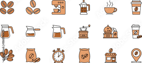 Brown coffee on white background coffee beans coffee maker coffee pot French press