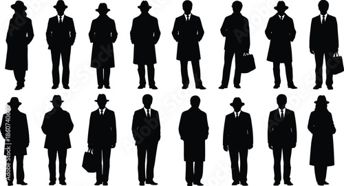 Black silhouettes of business people standing in various poses white background