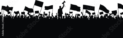 Black silhouette crowd waving flags and megaphone people protest