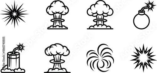 Black and white of various explosion and bomb nuclear explosion firework blast