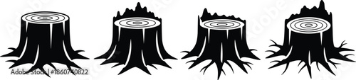 Black and white of tree stumps with roots and cut tops