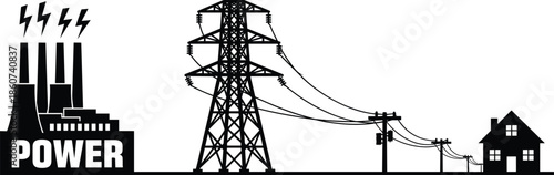 Black and white of power plant and residential house with electric tower transmission lines