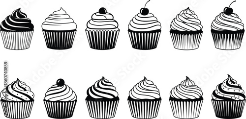 Black and white of cupcakes with various frostings and toppings frosted cupcakes