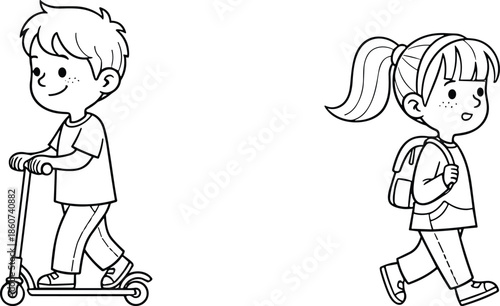 Black and white of a boy on a scooter and a girl walking