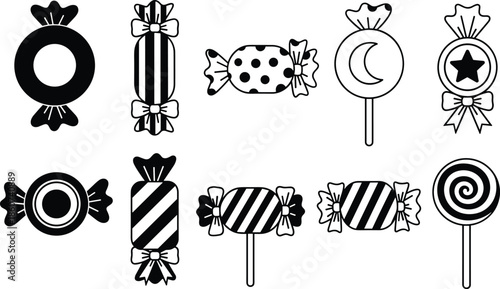Black and white candy with bows and sticks sweets lollipops wrapped candies