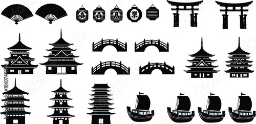 Black and white japanese architecture and silhouettes