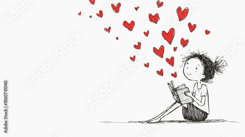 Vector illustration of irl reading book with hearts flying from the pages. Gentle symbol of love, imagination and childhood emotions, clean white background with copy space, minimal line art, no text