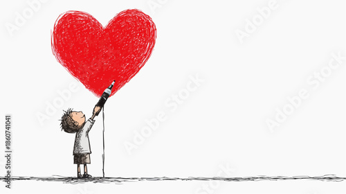 Naive vector illustration of boy going to write message on red heart-shaped balloon with marker, perfect for Valentine’s Day cards, friendship-themed decor, or romantic nursery designs with copy space