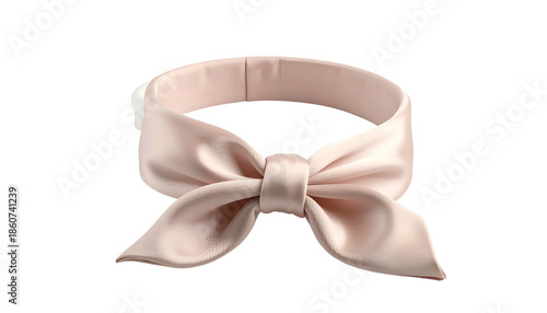 Light pink satin headband with a bow in the center, isolated on a transparent background