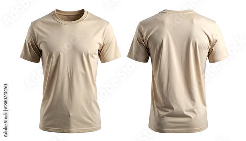 Front and back view of a plain, light beige crew-neck t-shirt against a dark background