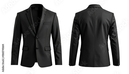 Front and back views of a classic, black, tailored business suit jacket
