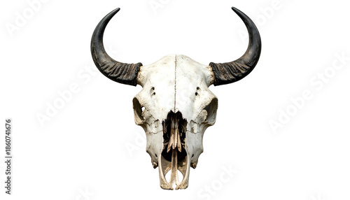 Front view of a bovine skull on a black background, showcasing horns and bone structure