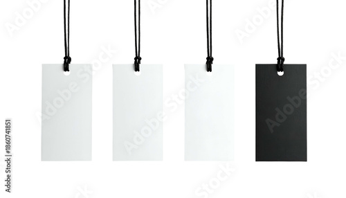 Four rectangular tags hang by black strings, three white and one black, against a dark backdrop