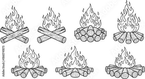 Black and white of campfires in various configurations flames logs wood