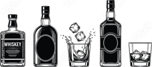 Black and white of whiskey bottles and glasses with ice cubes