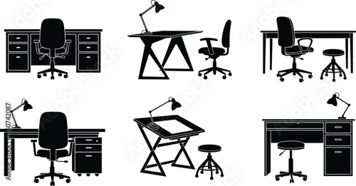 Black and white office furniture silhouettes desk chair lamp
