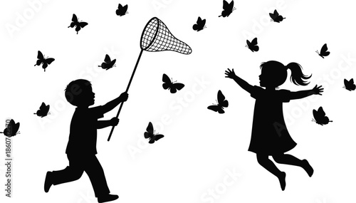 Black silhouette of children playing with butterflies and net kids girl butterfly