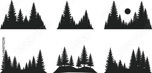 Black silhouette pine tree forest landscape pine trees silhouettes white background