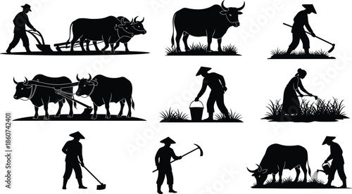 Black silhouettes of farmers and oxen working in field farming agriculture
